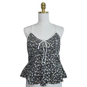 Free People Sammi Floral Cami Top XL Washed Black Eyelet Lace Trim Peplum NWT